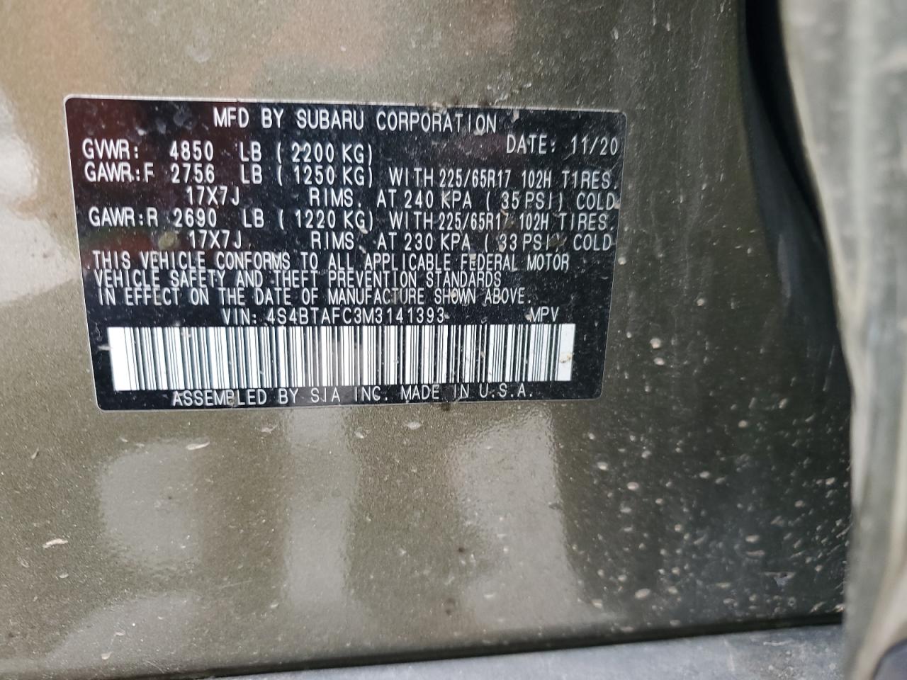 2021 Subaru Outback VIN 4S4BTAFC3M3141393 Copart auction photo, front end damage thumbnail 14