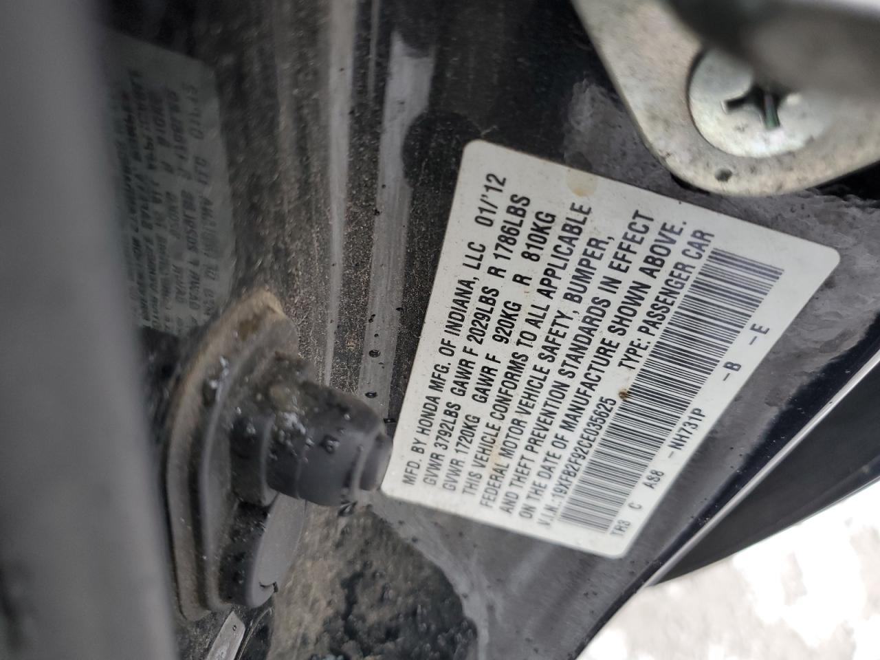 2012 Honda Civic VIN 19XFB2F92CE035625 Copart auction photo, front end / normal wear damage thumbnail 12