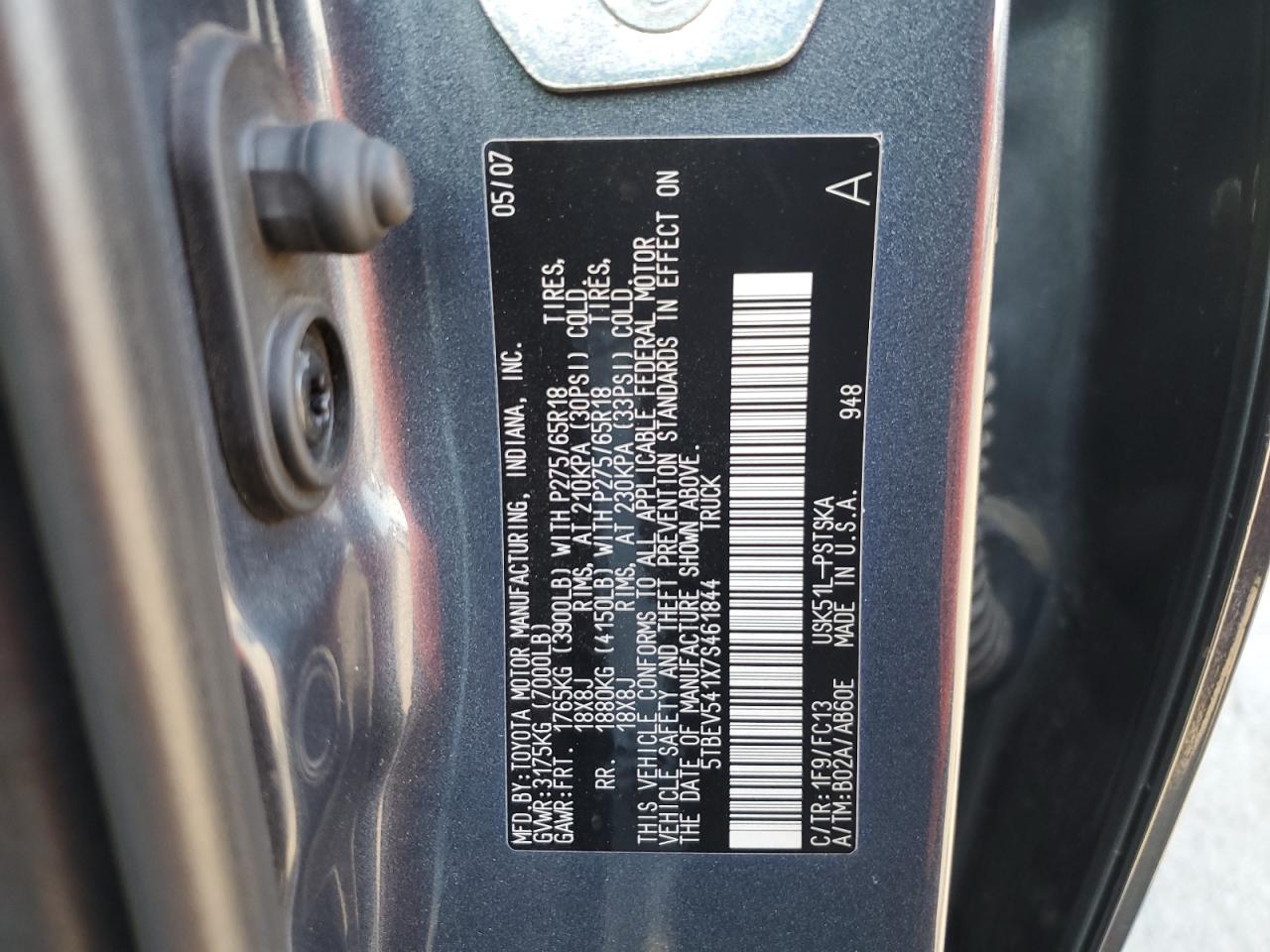 2007 Toyota Tundra VIN 5TBEV541X7S461844 Copart auction photo, undercarriage / rear end damage thumbnail 12