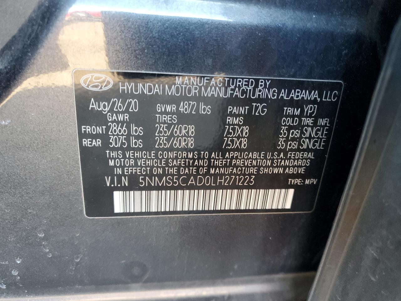 2020 Hyundai Santa Fe VIN 5NMS5CAD0LH271223 Copart auction photo, front end damage thumbnail 14