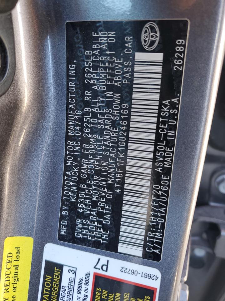 2016 Toyota Camry VIN 4T1BF1FK1GU246169 Copart auction photo, rear end / side damage thumbnail 13