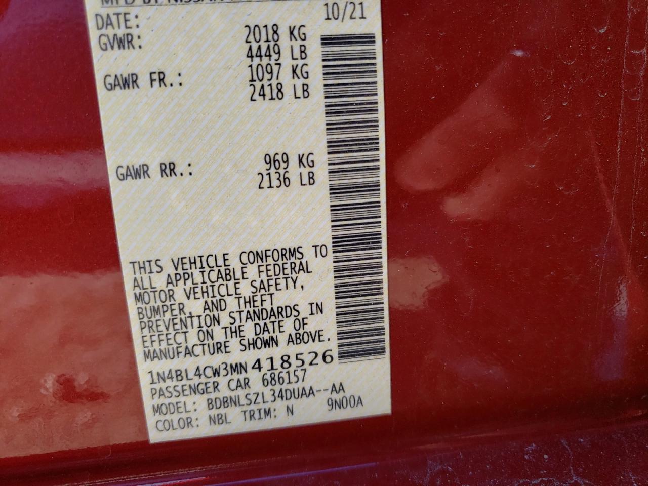 2021 Nissan Altima VIN 1N4BL4CW3MN418526 Copart auction photo, rear end / front end damage thumbnail 13