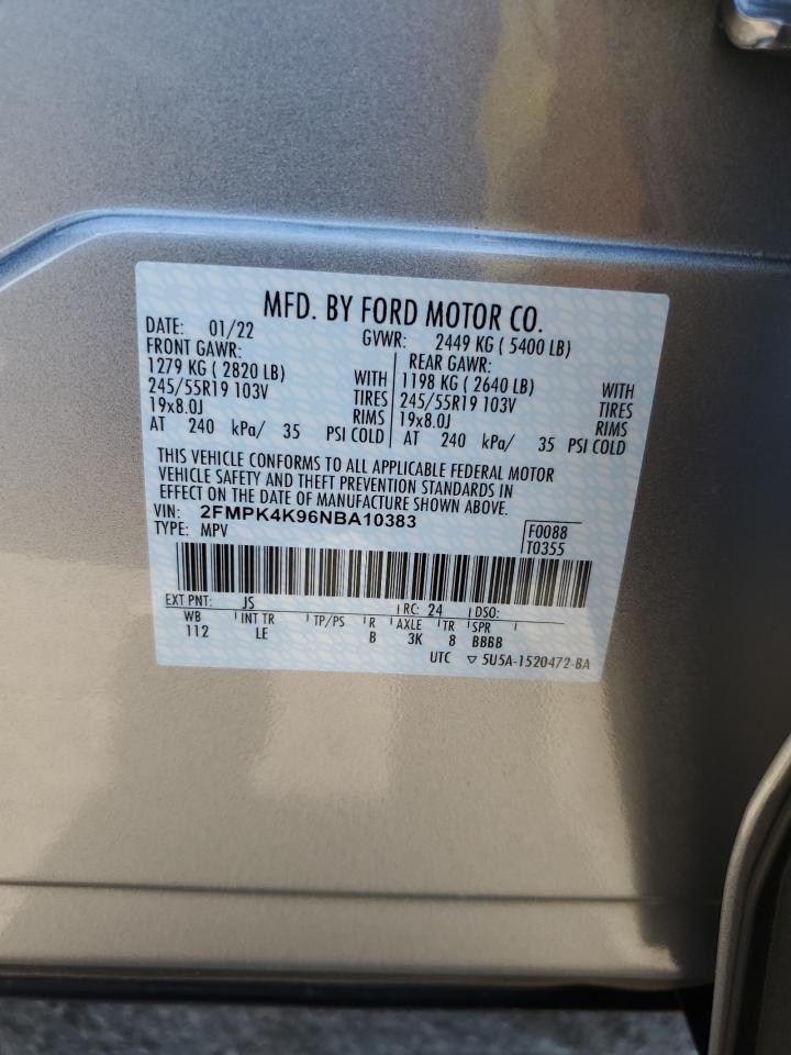 2022 Ford Edge VIN 2FMPK4K96NBA10383 Copart auction photo, water/flood damage thumbnail 15