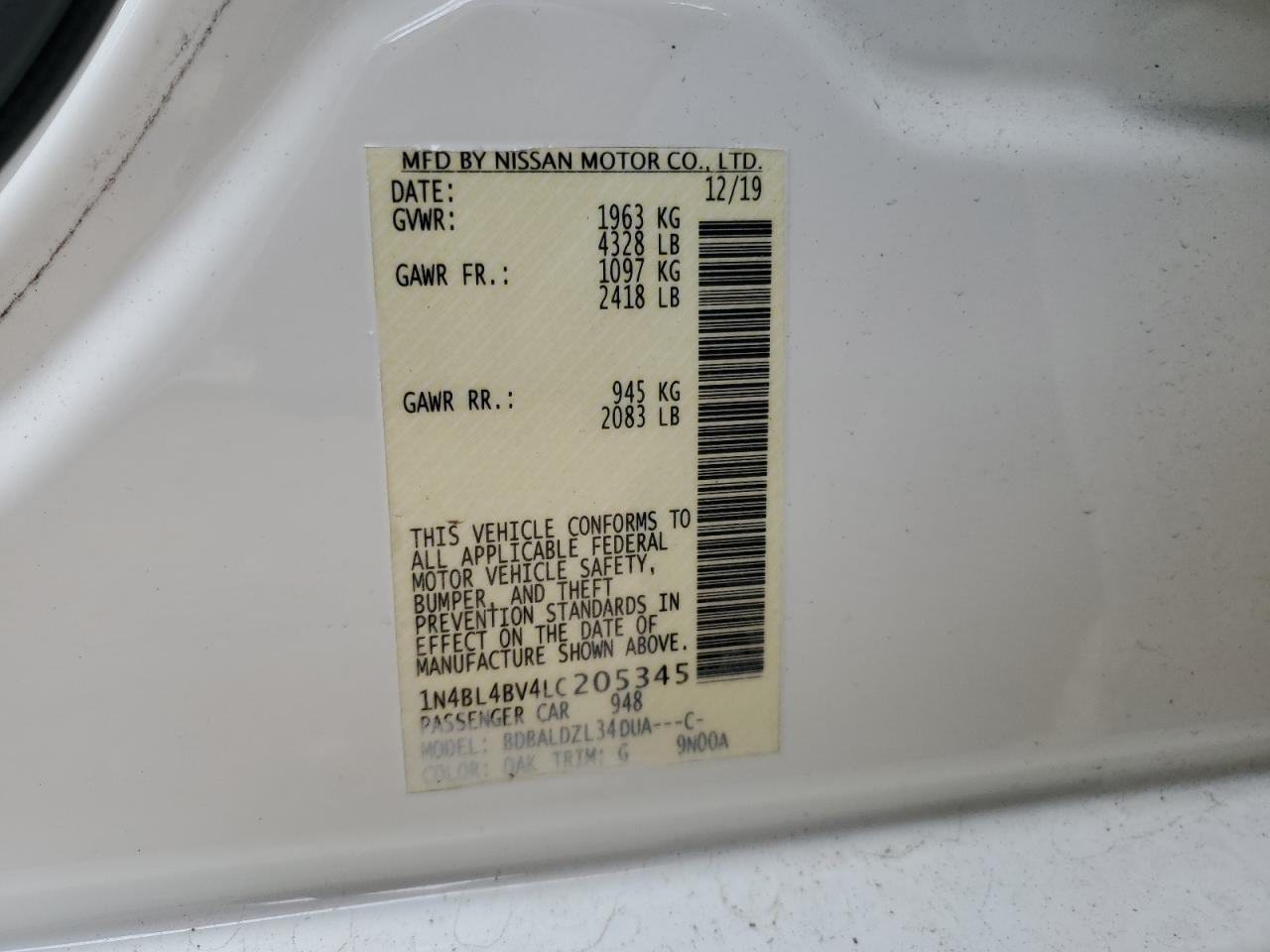 2020 Nissan Altima VIN 1N4BL4BV4LC205345 Copart auction photo, front end damage thumbnail 14