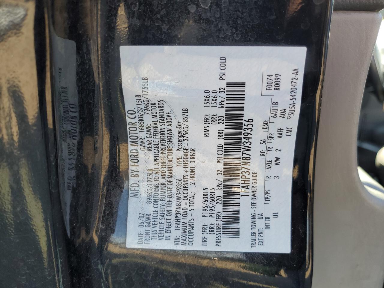 2007 Ford Focus VIN 1FAHP37N87W349356 Copart auction photo, front end damage thumbnail 12