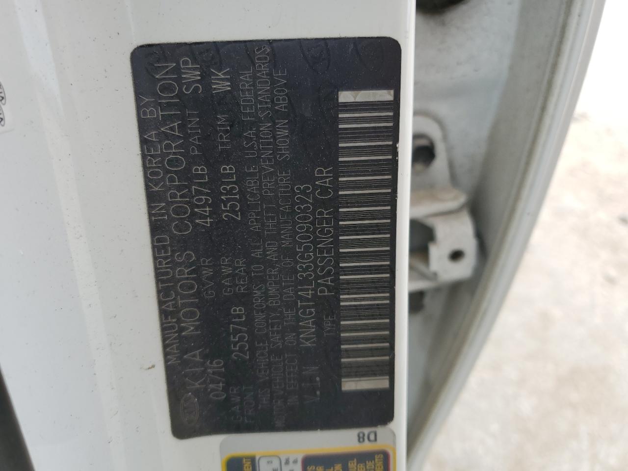 2016 KIA Optima VIN KNAGT4L33G5090323 Copart auction photo, burn - interior damage thumbnail 12