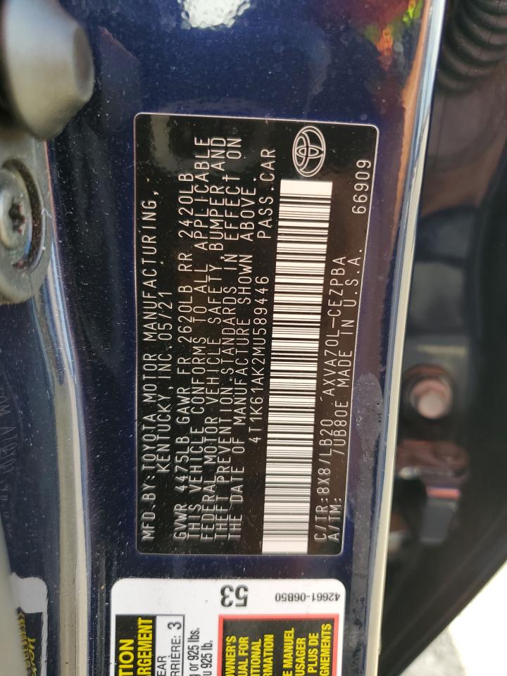 2021 Toyota Camry VIN 4T1K61AK2MU589446 Copart auction photo, rear end damage thumbnail 12