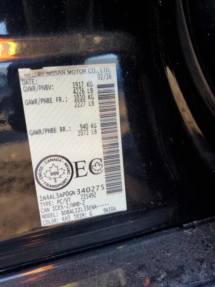 2016 Nissan Altima VIN 1N4AL3AP0GN340275 Copart auction photo, front end / mechanical damage thumbnail 12