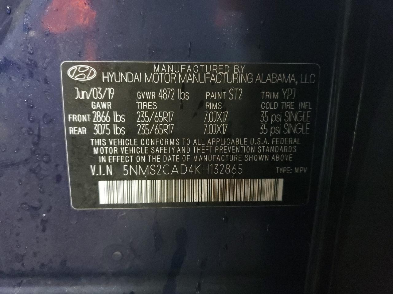 2019 Hyundai Santa Fe VIN 5NMS2CAD4KH132865 Copart auction photo, rear end / front end damage thumbnail 13