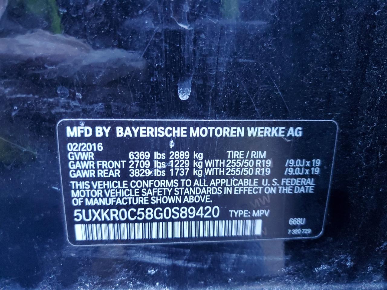 2016 BMW X5 VIN 5UXKR0C58G0S89420 Copart auction photo, front end / minor dent/scratches damage thumbnail 14