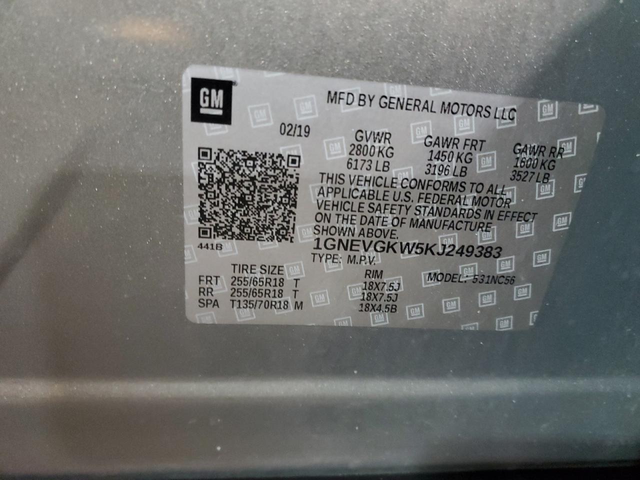 2019 Chevrolet Traverse VIN 1GNEVGKW5KJ249383 Copart auction photo, front end damage thumbnail 13