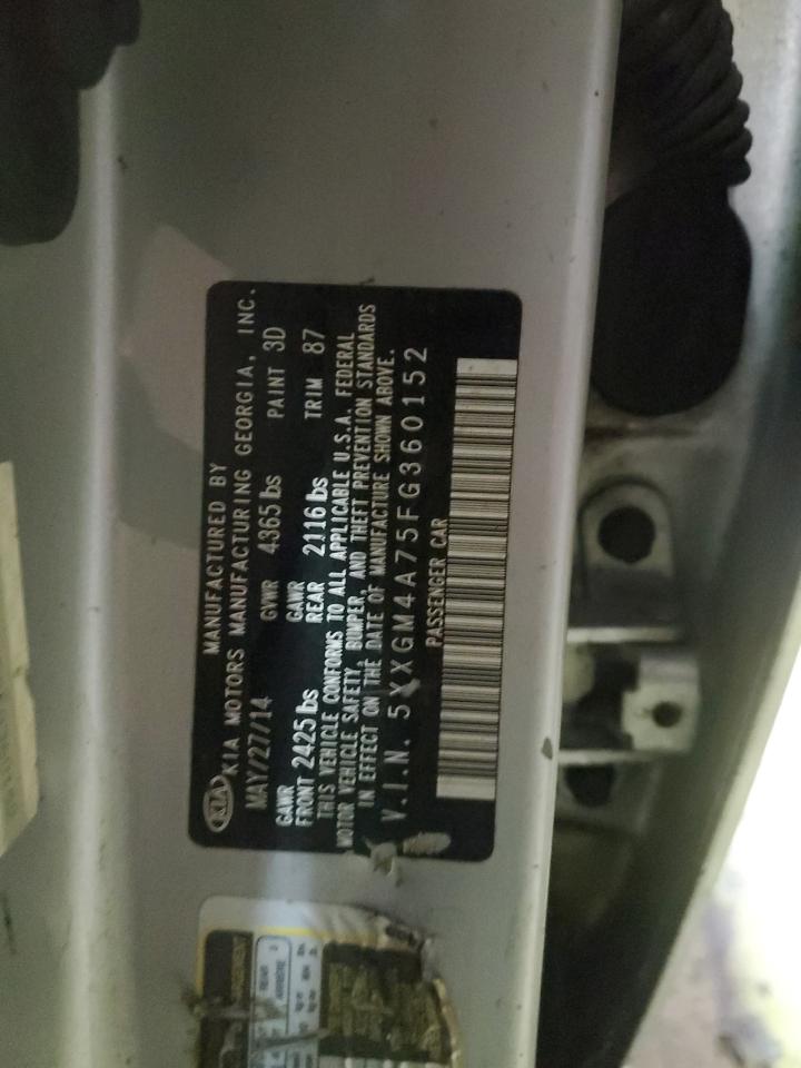 2015 KIA Optima VIN 5XXGM4A75FG360152 Copart auction photo, burn / burn - interior damage thumbnail 13