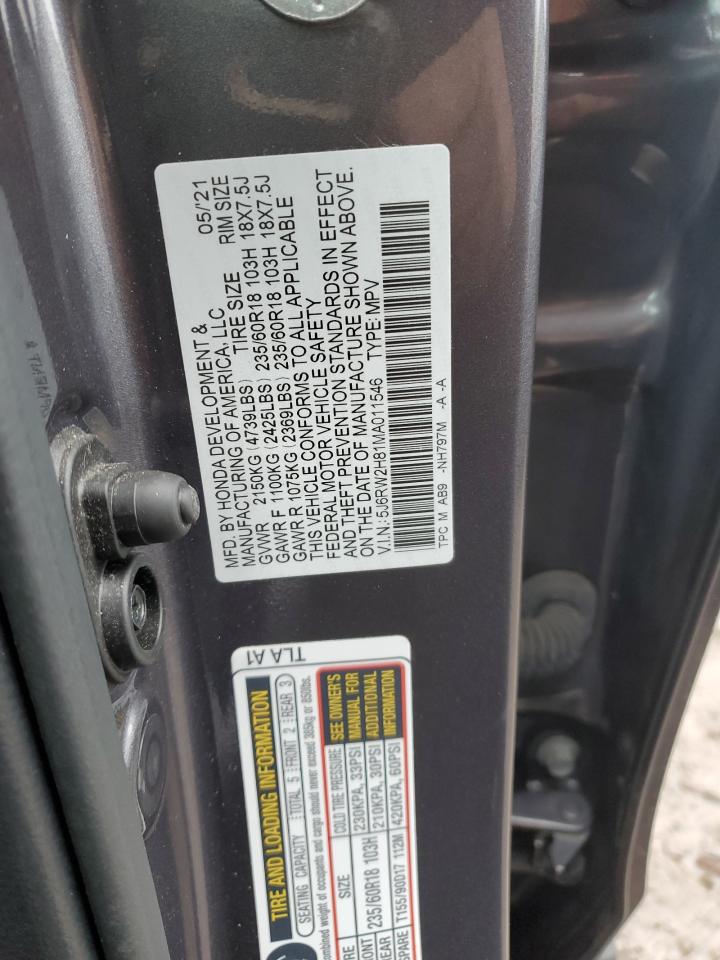 2021 Honda CR-V VIN 5J6RW2H81MA011546 Copart auction photo, front end damage thumbnail 14