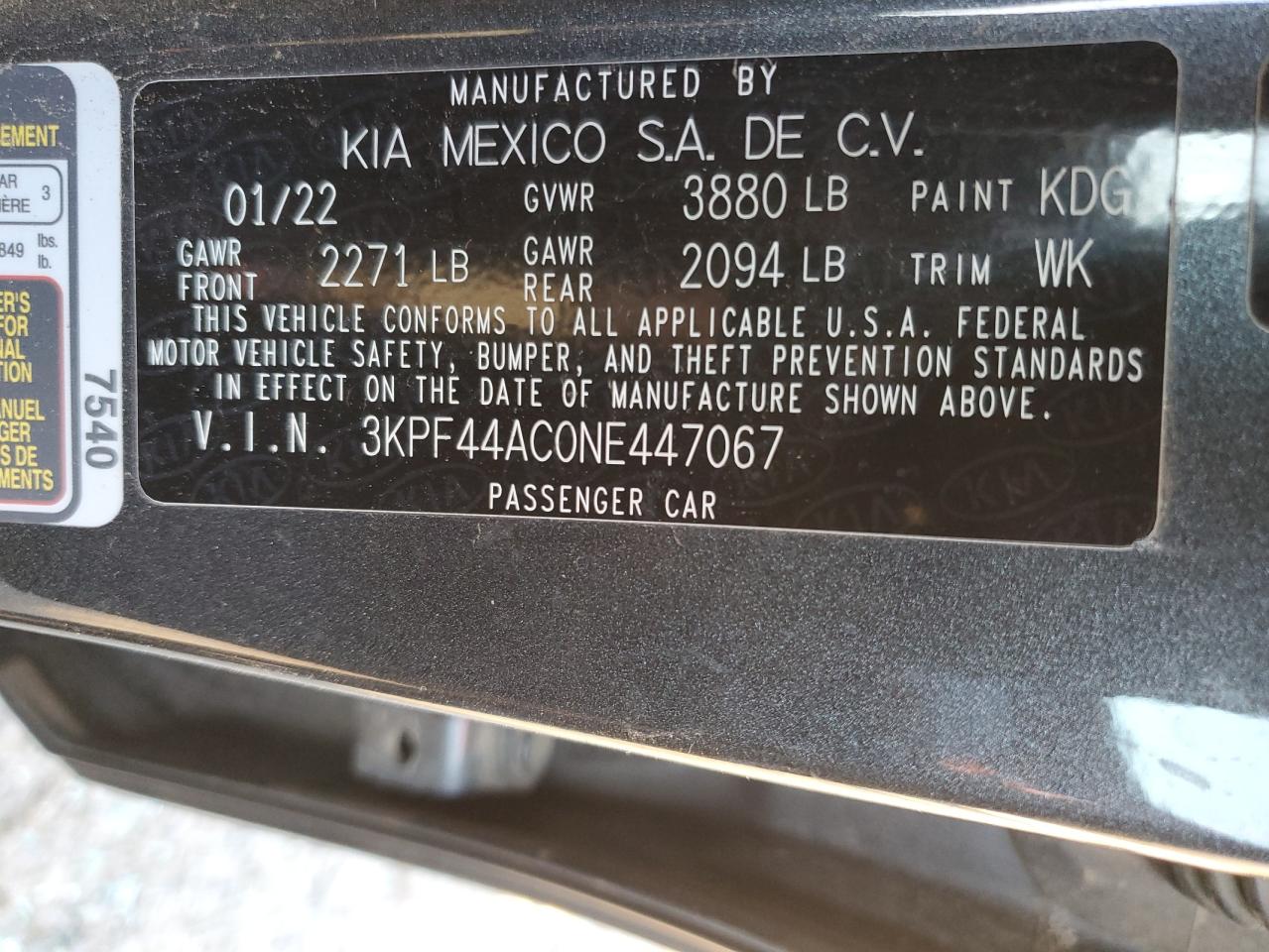 2022 KIA Forte VIN 3KPF44AC0NE447067 Copart auction photo, top/roof / front end damage thumbnail 14