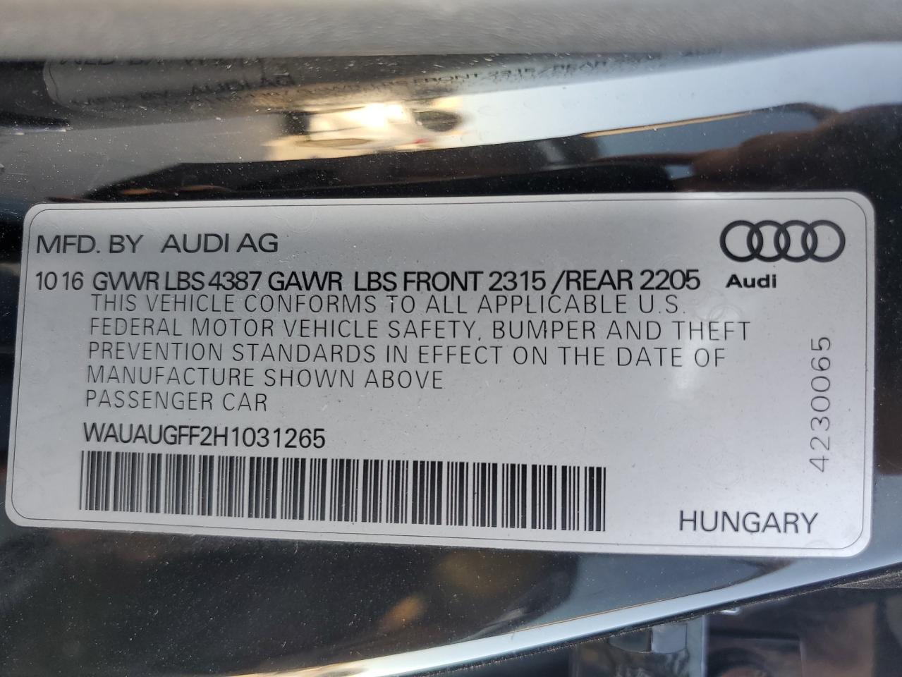 2017 Audi A3 VIN WAUAUGFF2H1031265 Copart auction photo, front end / side damage thumbnail 15