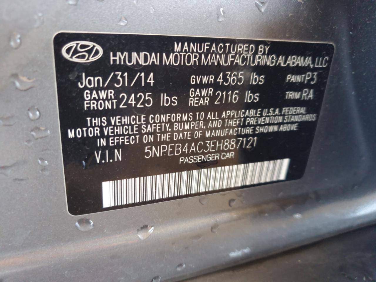 2014 Hyundai Sonata VIN 5NPEB4AC3EH887121 Copart auction photo, front end damage thumbnail 12