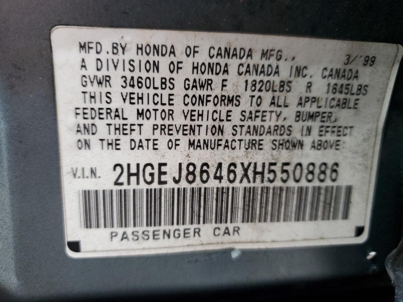 1999 Honda Civic VIN 2HGEJ8646XH550886 Copart auction photo, side damage thumbnail 12