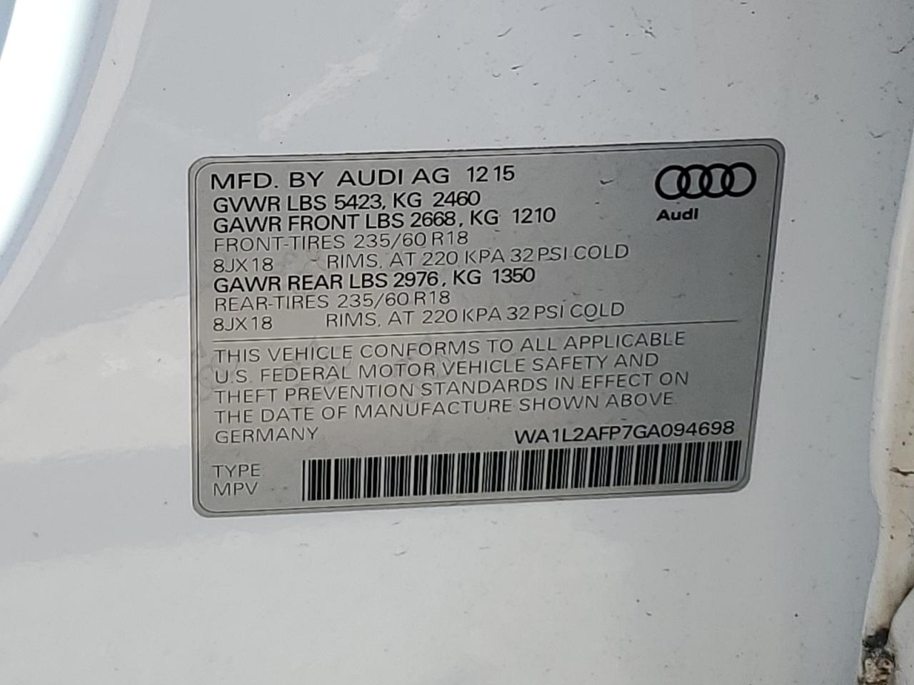 2016 Audi Q5 VIN WA1L2AFP7GA094698 Copart auction photo, front end / minor dent/scratches damage thumbnail 13