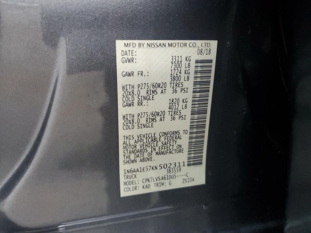 2019 Nissan Titan VIN 1N6AA1E57KN502311 Copart auction photo, minor dent/scratches / water/flood damage thumbnail 12
