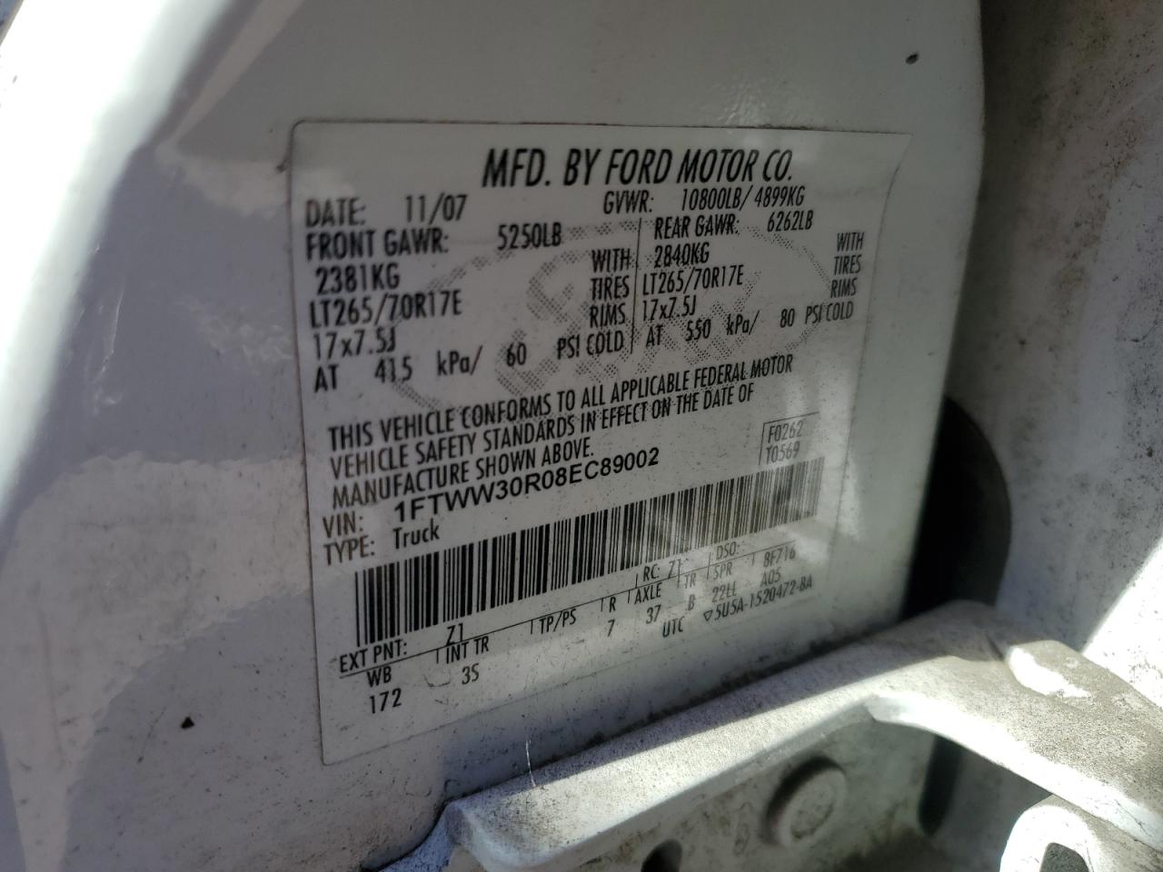 2008 Ford F350 VIN 1FTWW30R08EC89002 Copart auction photo, all over damage thumbnail 13