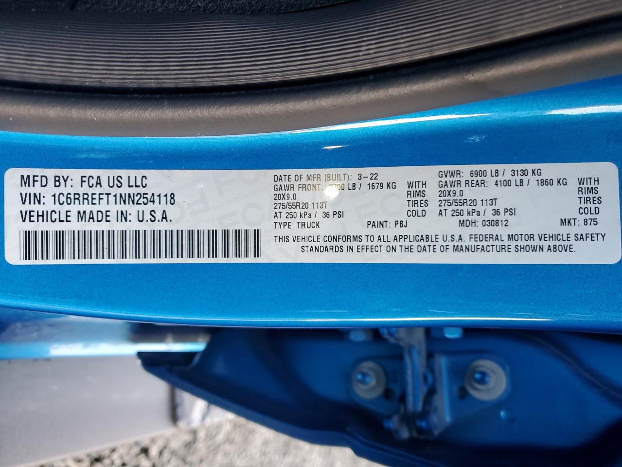 2022 RAM 1500 VIN 1C6RREFT1NN254118 Copart auction photo, stripped damage thumbnail 13