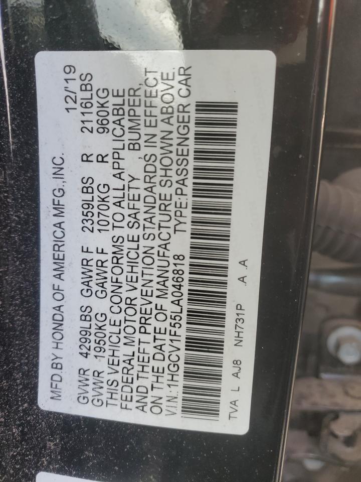 2020 Honda Accord VIN 1HGCV1F55LA046818 Copart auction photo, front end / side damage thumbnail 12