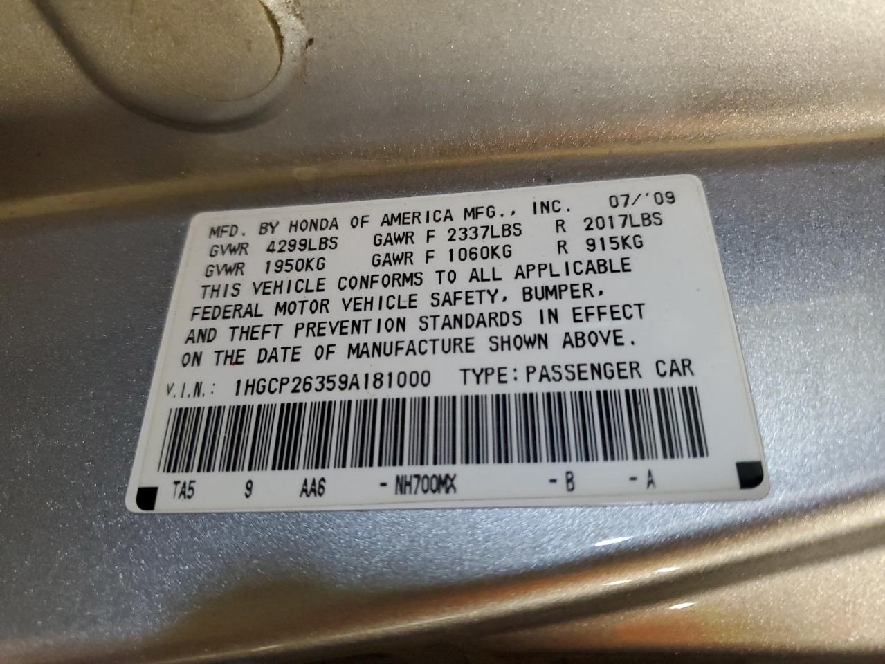 2009 Honda Accord VIN 1HGCP26359A181000 Copart auction photo, rear end / side damage thumbnail 12