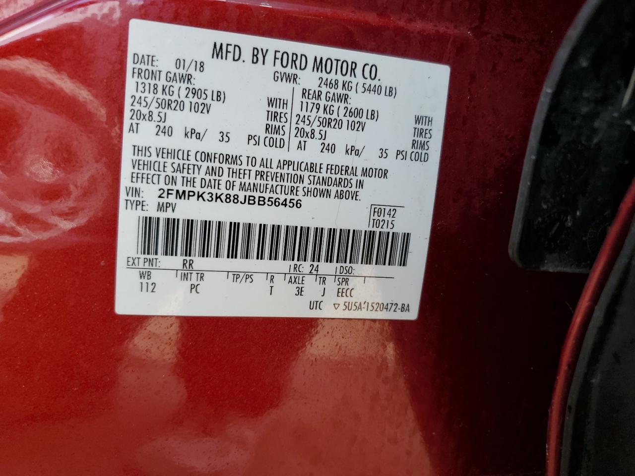 2018 Ford Edge VIN 2FMPK3K88JBB56456 Copart auction photo, water/flood damage thumbnail 14