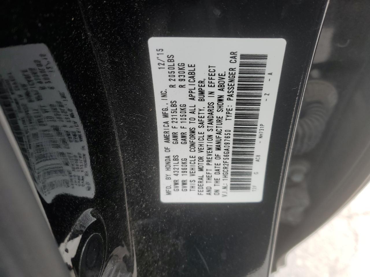2016 Honda Accord VIN 1HGCR2F56GA097650 Copart auction photo, front end damage thumbnail 15