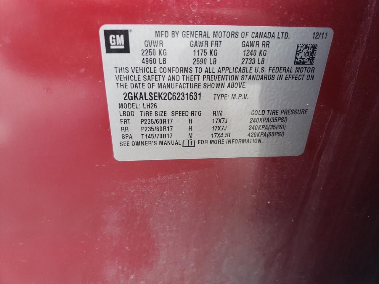 2012 GMC Terrain VIN 2GKALSEK2C6231631 Copart auction photo, front end damage thumbnail 13