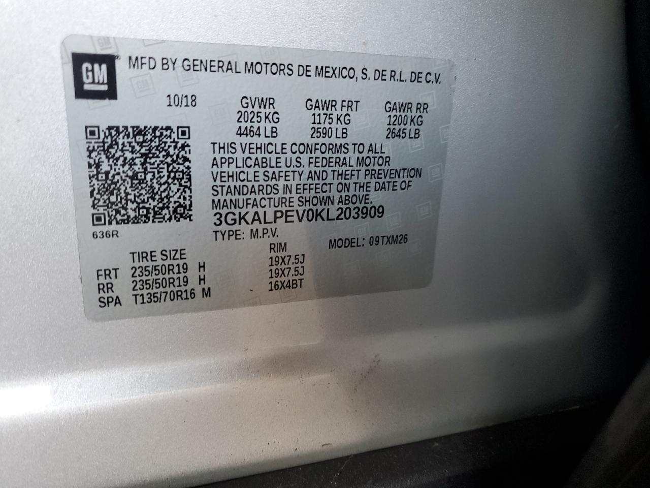 2019 GMC Terrain VIN 3GKALPEV0KL203909 Copart auction photo, rear end damage thumbnail 12