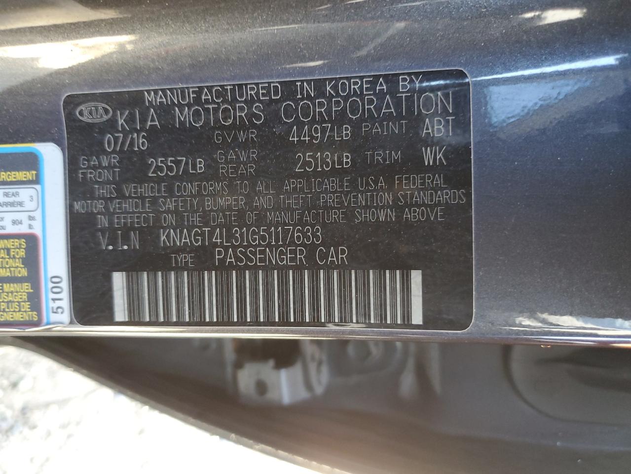 2016 KIA Optima VIN KNAGT4L31G5117633 Copart auction photo, vandalism damage thumbnail 12