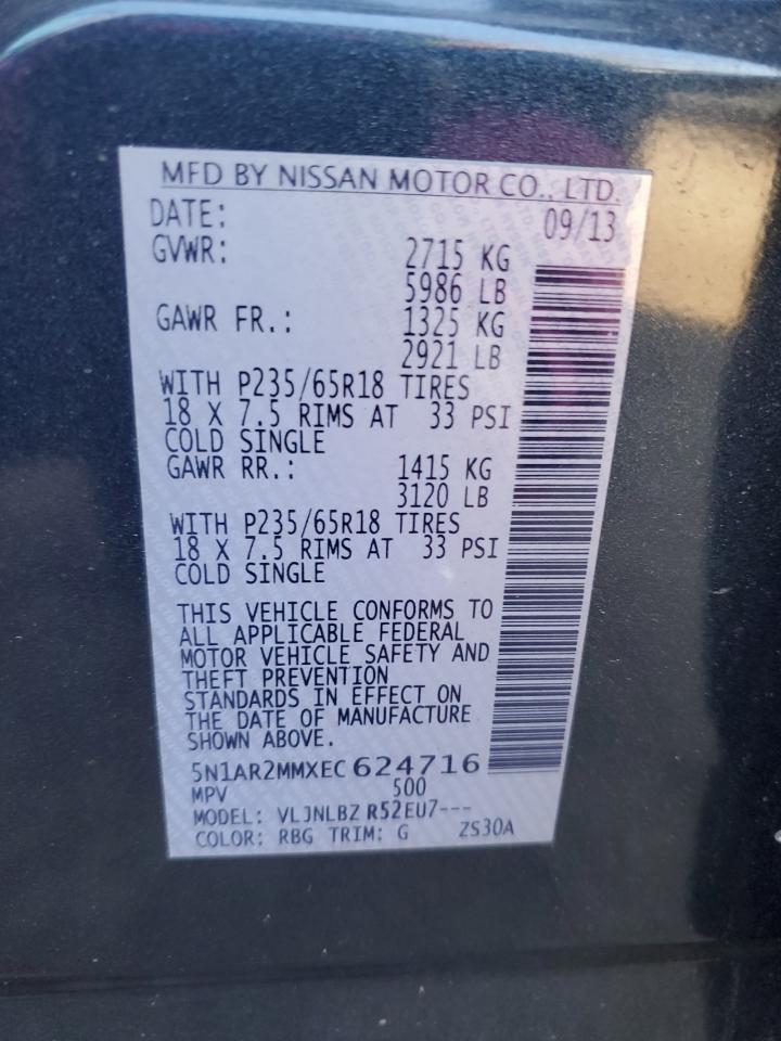 2014 Nissan Pathfinder VIN 5N1AR2MMXEC624716 Copart auction photo, rear end / front end damage thumbnail 13