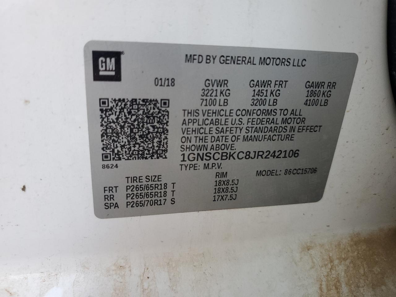 2018 Chevrolet Tahoe VIN 1GNSCBKC8JR242106 Copart auction photo, rear end / top/roof damage thumbnail 13