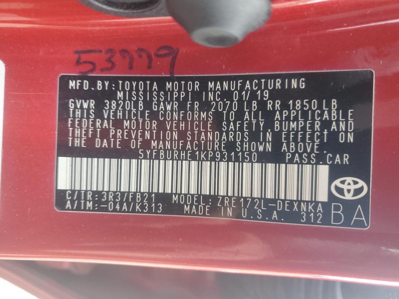 2019 Toyota Corolla VIN 5YFBURHE1KP931150 Copart auction photo, side damage thumbnail 12