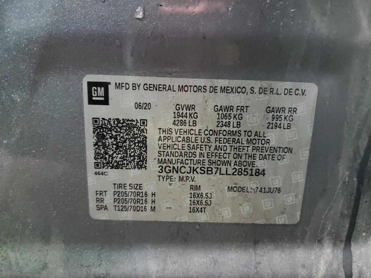 2020 Chevrolet Trax VIN 3GNCJKSB7LL285184 Copart auction photo, mechanical / minor dent/scratches damage thumbnail 13