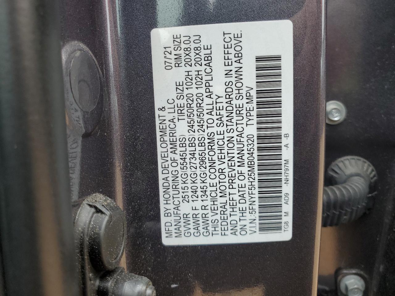 2021 Honda Pilot VIN 5FNYF5H25MB045320 Copart auction photo, front end damage thumbnail 15