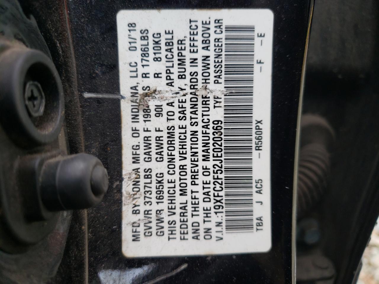 2018 Honda Civic VIN 19XFC2F52JE020369 Copart auction photo, rear end / side damage thumbnail 12