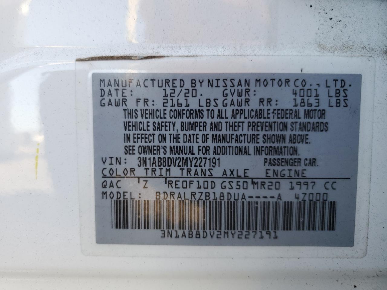 2021 Nissan Sentra VIN 3N1AB8DV2MY227191 Copart auction photo, front end / side damage thumbnail 14