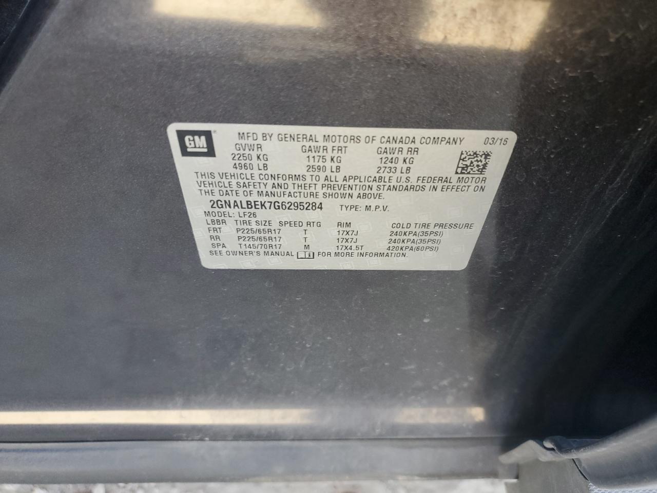 2016 Chevrolet Equinox VIN 2GNALBEK7G6295284 Copart auction photo, front end damage thumbnail 13