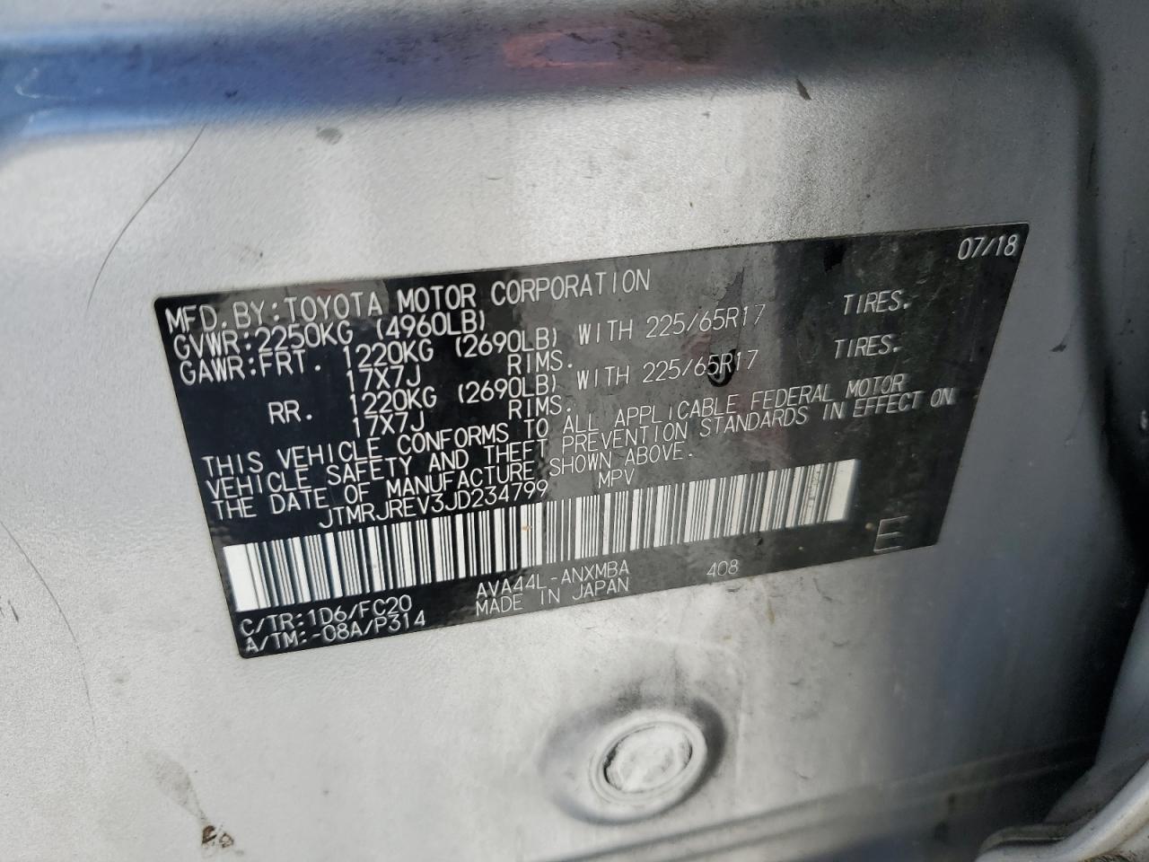 2018 Toyota RAV 4 VIN JTMRJREV3JD234799 Copart auction photo, front end damage thumbnail 13