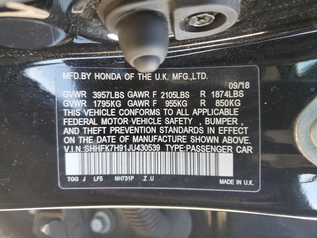 2018 Honda Civic VIN SHHFK7H91JU430539 Copart auction photo, rear end / front end damage thumbnail 14