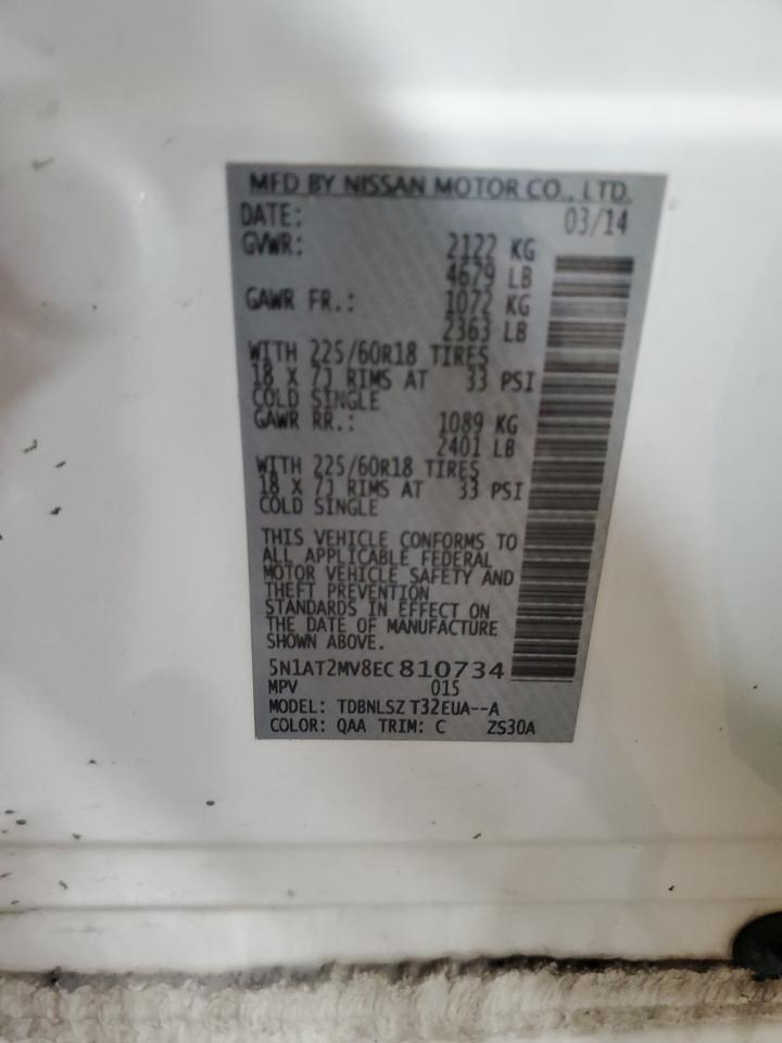 2014 Nissan Rogue VIN 5N1AT2MV8EC810734 Copart auction photo, front end / side damage thumbnail 13
