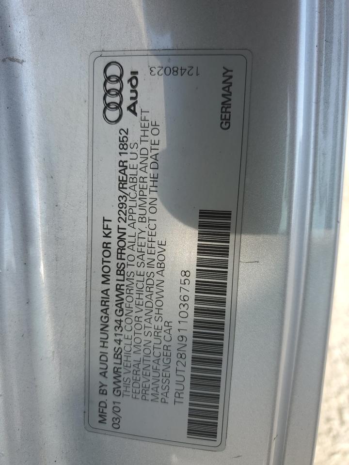 2001 Audi TT VIN TRUUT28N911036758 Copart auction photo, side damage thumbnail 12