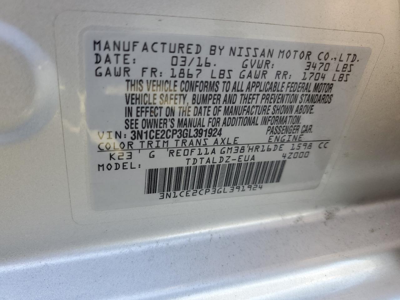 2016 Nissan Versa VIN 3N1CE2CP3GL391924 Copart auction photo, front end / rear end damage thumbnail 13