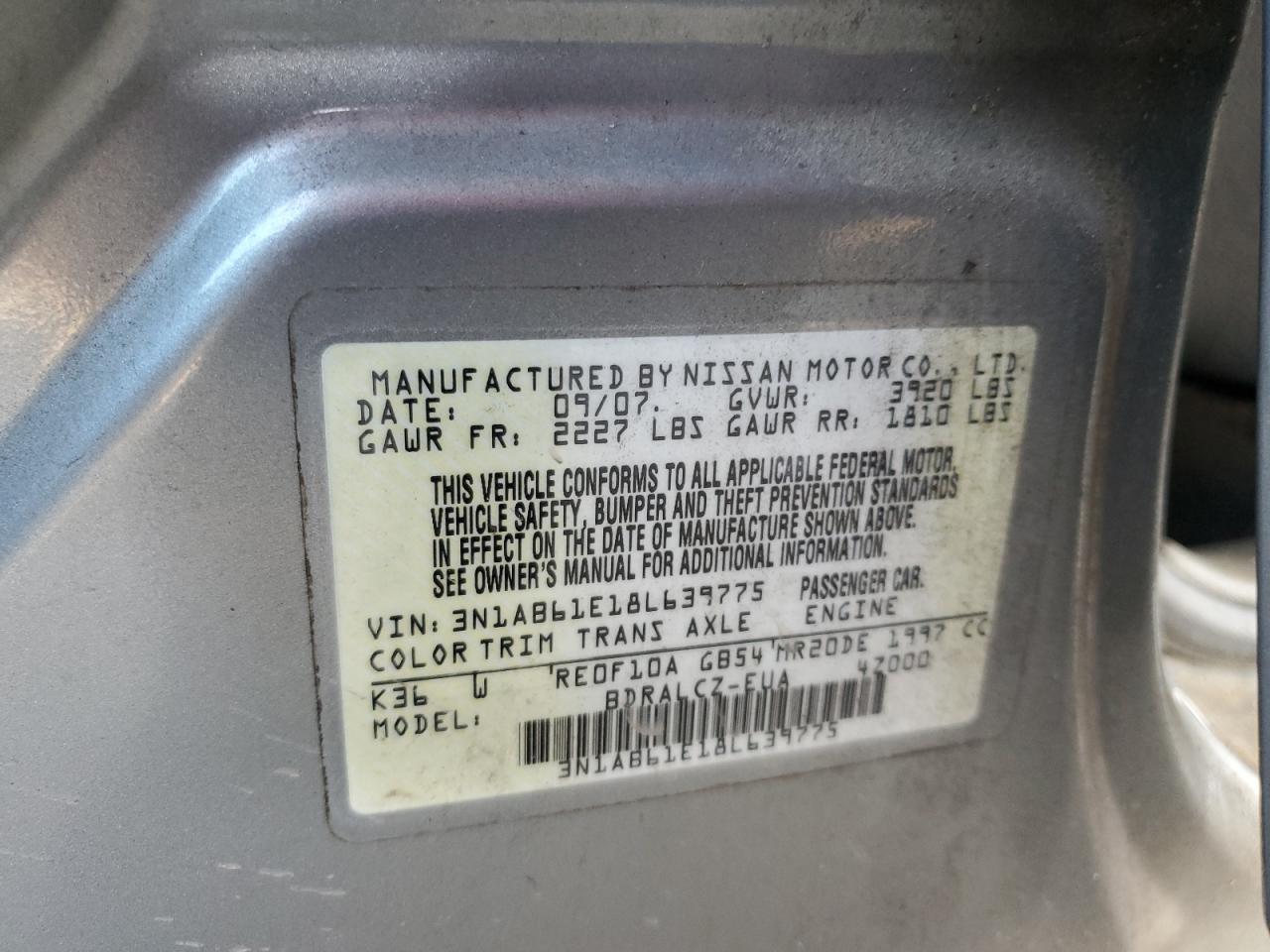 2008 Nissan Sentra VIN 3N1AB61E18L639775 Copart auction photo, frame damage damage thumbnail 12