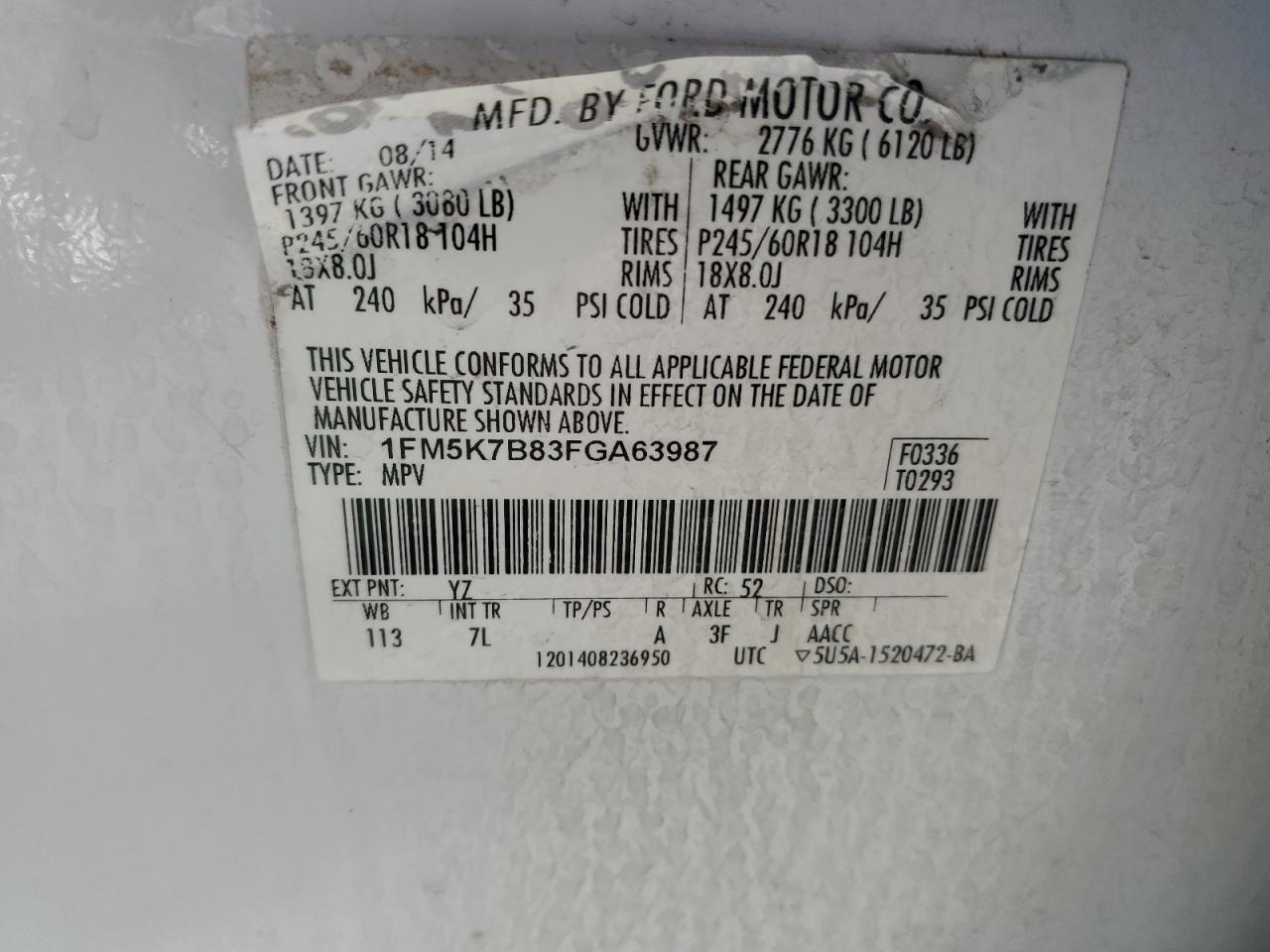 2015 Ford Explorer VIN 1FM5K7B83FGA63987 Copart auction photo, front end / side damage thumbnail 14