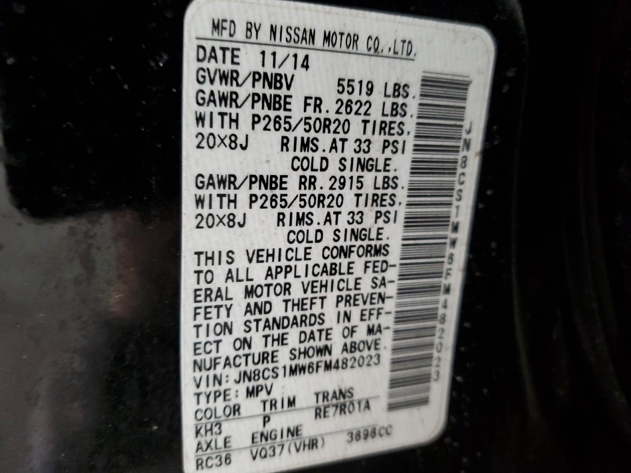 2015 Infiniti QX70 VIN JN8CS1MW6FM482023 Copart auction photo, front end damage thumbnail 13