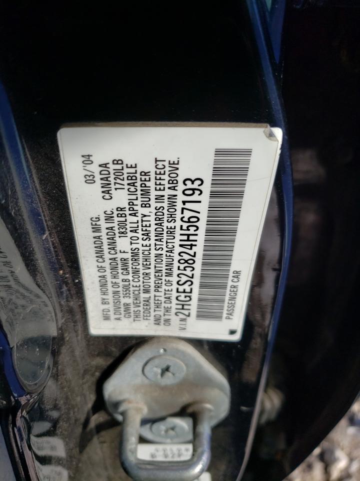 2004 Honda Civic VIN 2HGES25824H567193 Copart auction photo, rear end / minor dent/scratches damage thumbnail 12