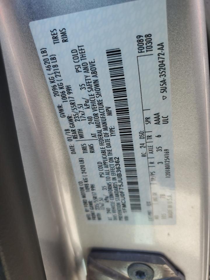 2018 Ford Escape VIN 1FMCU0F75JUB36362 Copart auction photo, front end / undercarriage damage thumbnail 12
